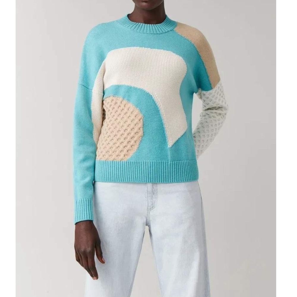COS Contrast Knit Jumper Womens XS Turquoise Beige Abstract Wool Blend Sweater